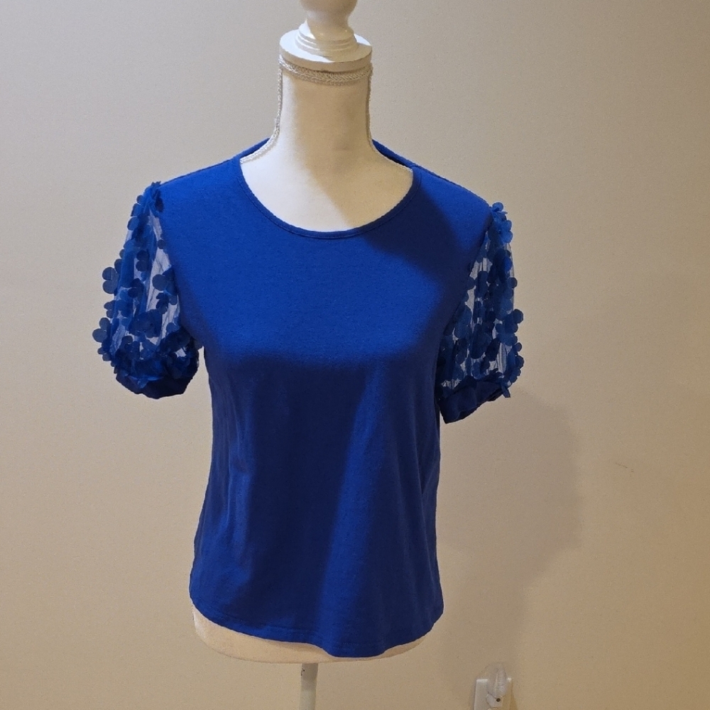 Blue Women's Top with Floral Sleeves